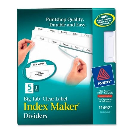 Avery Dennison Avery Big Tab Index Maker Clear Label Divider, 8.5"x11", 5 Tabs, 5 Sets, White/White 11492